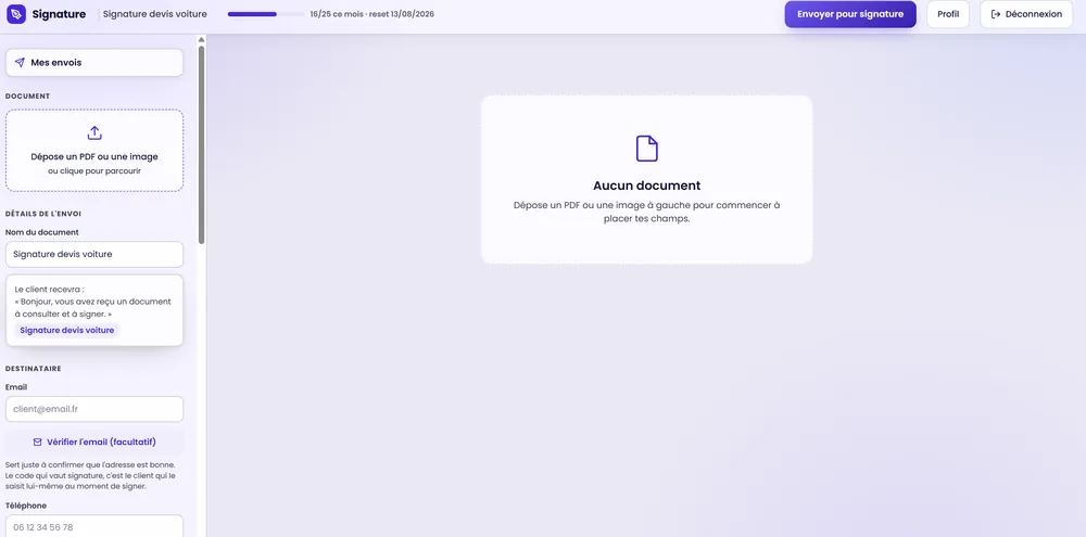 Interface de l'application de signature électronique Certidocs développée par Northlink