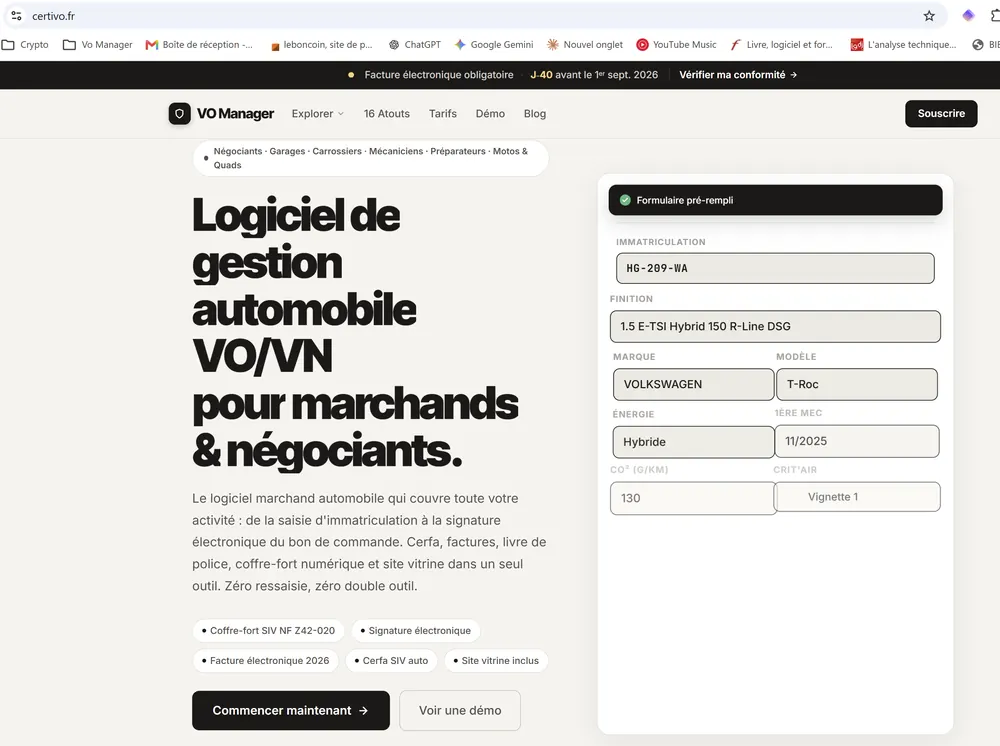 Page d'accueil du site Certivo, logiciel de gestion automobile, réalisé par Northlink